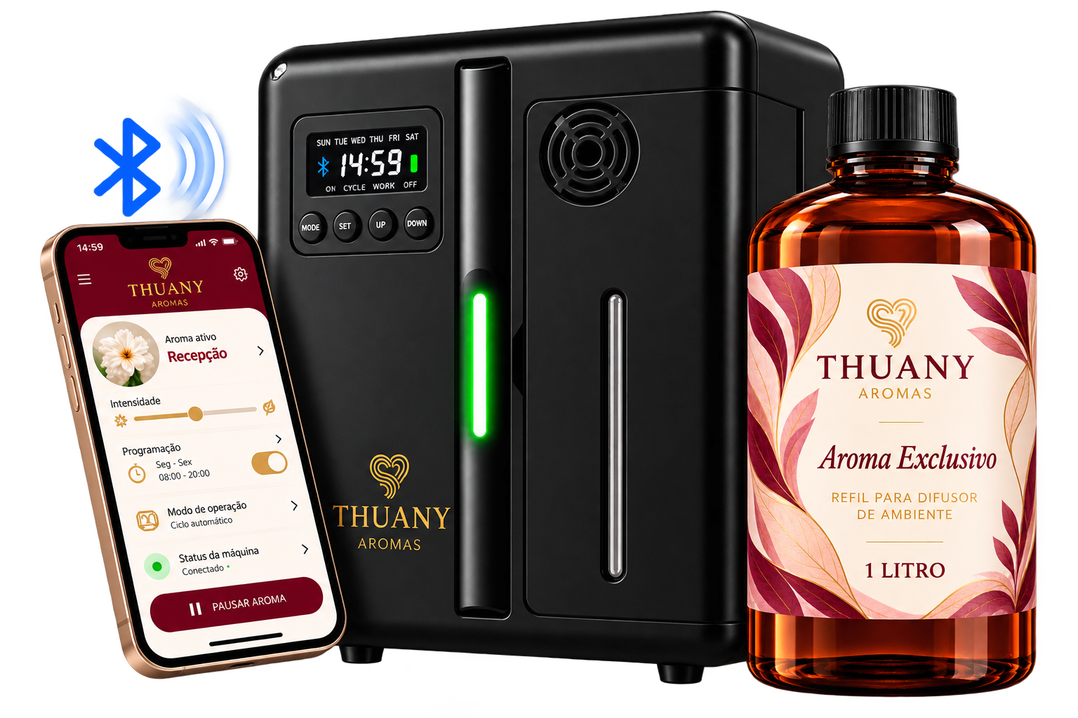 Difusor preto Thuany Aromas com aplicativo e refil
