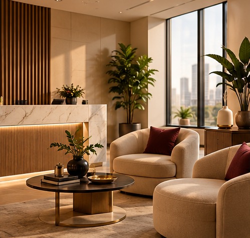 Recepção de escritório corporativo com aromatização ambiente