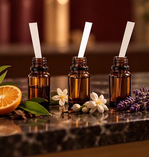 Três frascos testadores com as propostas de aroma